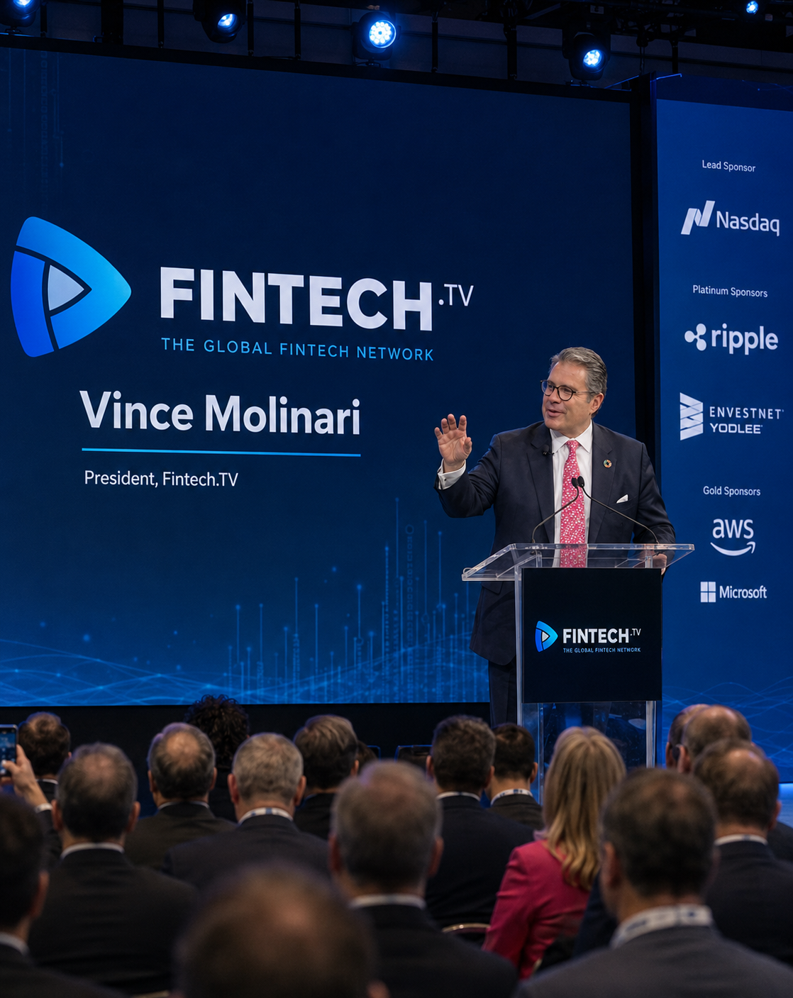 Vince Molinari speaking on stage at a global finance and fintech conference
